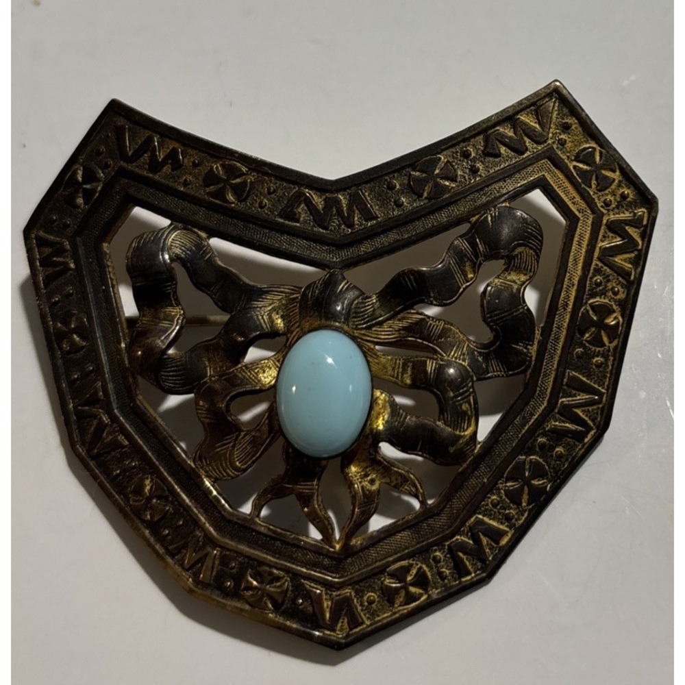 Vintage Art Deco Brass Shield Brooch Pin W/ Turquoise Blue Glass Cabochon 2-1/2"